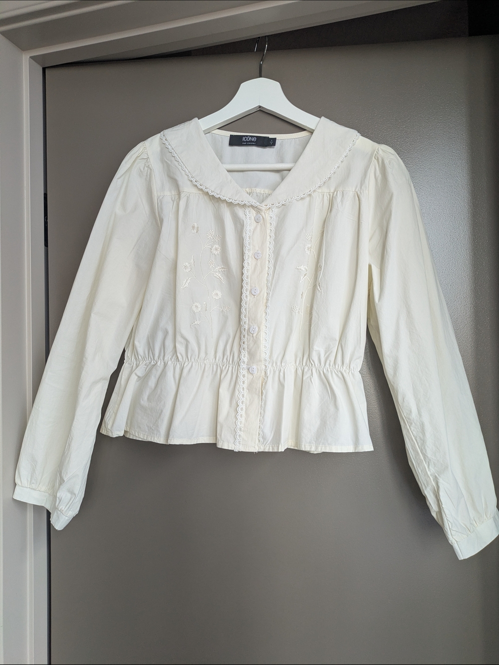 Simons Cream Embroidered Button-Down Peplum Blouse Cotton Size S
